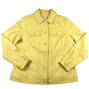 Leather Jacket Womens Medium Butter Yellow Button Up Front Trucker Style Spring